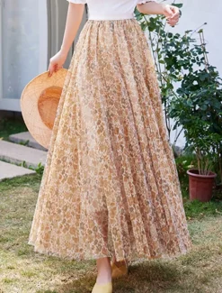 Hot Women's Swing Long Skirt Midi Skirts Lace Layered Print Floral Solid Colored Daily Date Spring & Summer Elegant Long Summer Black Pink Blue Orange Women Skirts