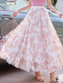 Hot Women's Swing Long Skirt Midi Skirts Lace Layered Print Floral Solid Colored Daily Date Spring & Summer Elegant Long Summer Black Pink Blue Orange Women Skirts