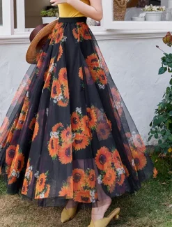 Hot Women's Swing Long Skirt Midi Skirts Lace Layered Print Floral Solid Colored Daily Date Spring & Summer Elegant Long Summer Black Pink Blue Orange Women Skirts