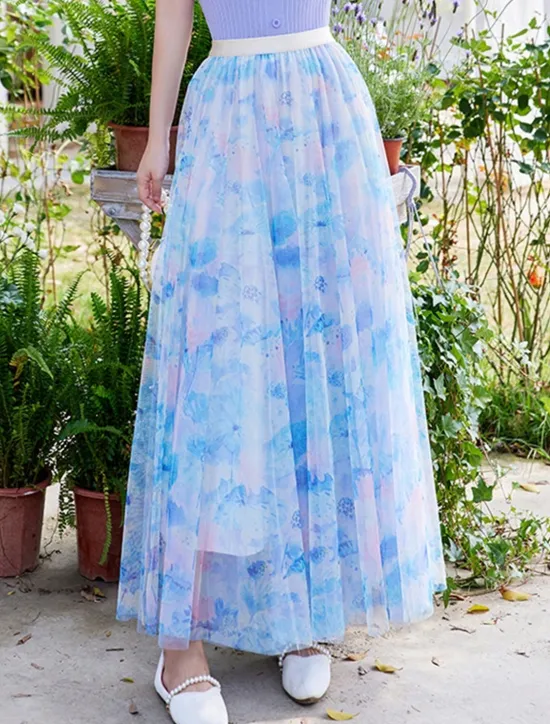 Hot Women's Swing Long Skirt Midi Skirts Lace Layered Print Floral Solid Colored Daily Date Spring & Summer Elegant Long Summer Black Pink Blue Orange Women Skirts