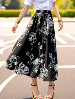 Online Women's Swing Long Skirt Midi Skirts Chiffon Print Floral Daily Holiday Spring & Summer Chiffon Elegant Fashion Black White Women Skirts
