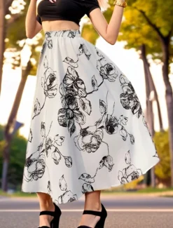 Online Women's Swing Long Skirt Midi Skirts Chiffon Print Floral Daily Holiday Spring & Summer Chiffon Elegant Fashion Black White Women Skirts
