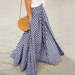 Clearance Women's Swing Plaid Skirt Long Skirt Fashion coastal grandma style Basic Summer Maxi Skirts Plaid Tartan Plaid Checkered Pocket Vacation Street Black Blue Summer Cotton Spandex Women Skirts