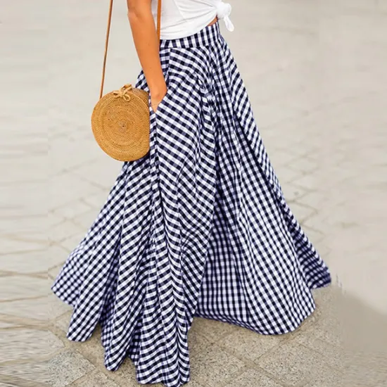 Clearance Women's Swing Plaid Skirt Long Skirt Fashion coastal grandma style Basic Summer Maxi Skirts Plaid Tartan Plaid Checkered Pocket Vacation Street Black Blue Summer Cotton Spandex Women Skirts