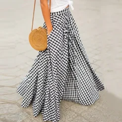 Clearance Women's Swing Plaid Skirt Long Skirt Fashion coastal grandma style Basic Summer Maxi Skirts Plaid Tartan Plaid Checkered Pocket Vacation Street Black Blue Summer Cotton Spandex Women Skirts