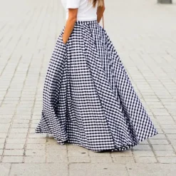 Clearance Women's Swing Plaid Skirt Long Skirt Fashion coastal grandma style Basic Summer Maxi Skirts Plaid Tartan Plaid Checkered Pocket Vacation Street Black Blue Summer Cotton Spandex Women Skirts