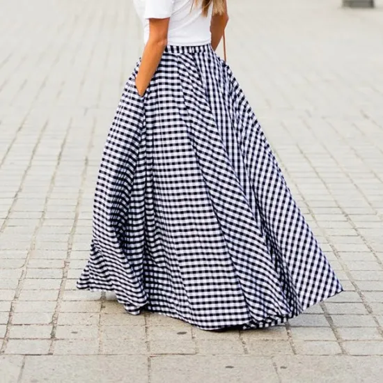 Clearance Women's Swing Plaid Skirt Long Skirt Fashion coastal grandma style Basic Summer Maxi Skirts Plaid Tartan Plaid Checkered Pocket Vacation Street Black Blue Summer Cotton Spandex Women Skirts