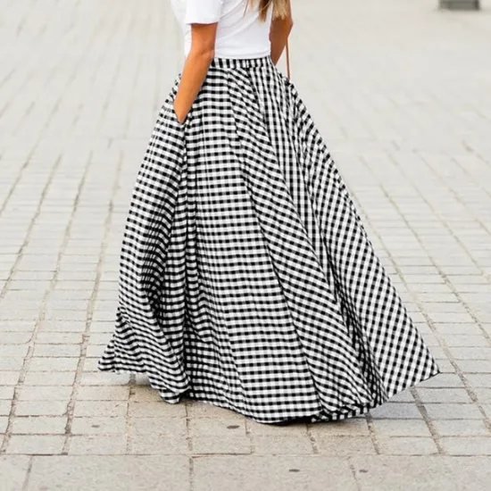 Clearance Women's Swing Plaid Skirt Long Skirt Fashion coastal grandma style Basic Summer Maxi Skirts Plaid Tartan Plaid Checkered Pocket Vacation Street Black Blue Summer Cotton Spandex Women Skirts