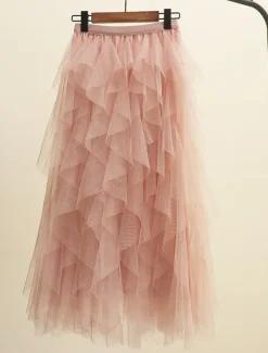 Clearance Women's Swing Work Skirts Tutu Midi Skirts Pleated Tulle Solid Colored Office / Career Street Autumn / Fall Elegant Vintage Fashion Black Pink Beige Gray Women Skirts