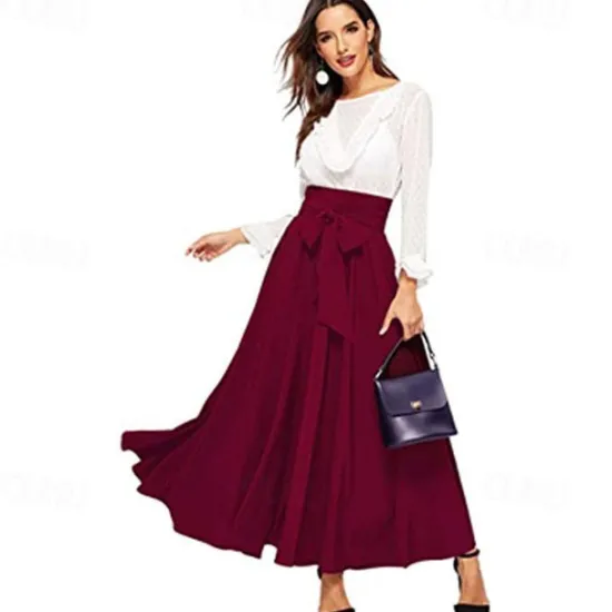 Best Women's Swing Work Skirts Long Skirt Elegant Fashion Casual Maxi Skirts Solid Colored Pleated Street Going out Black Yellow Pink Wine All Seasons Cotton Blend Women Skirts