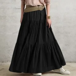 New Women's Swing Work Skirts Long Skirt Vintage Summer Maxi Skirts Solid Colored Pleated Ruffle Vacation Causal Black Wine Purple Brown Autumn / Fall Cotton Cotton And Linen Women Dresses