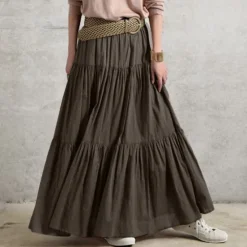 New Women's Swing Work Skirts Long Skirt Vintage Summer Maxi Skirts Solid Colored Pleated Ruffle Vacation Causal Black Wine Purple Brown Autumn / Fall Cotton Cotton And Linen Women Dresses