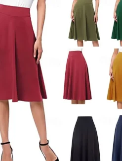 Hot Women's Swing Work Skirts Midi Skirts Knitting Solid Colored Office / Career Casual Daily Fall & Winter Elegant Black Yellow Light Green Wine Women Skirts