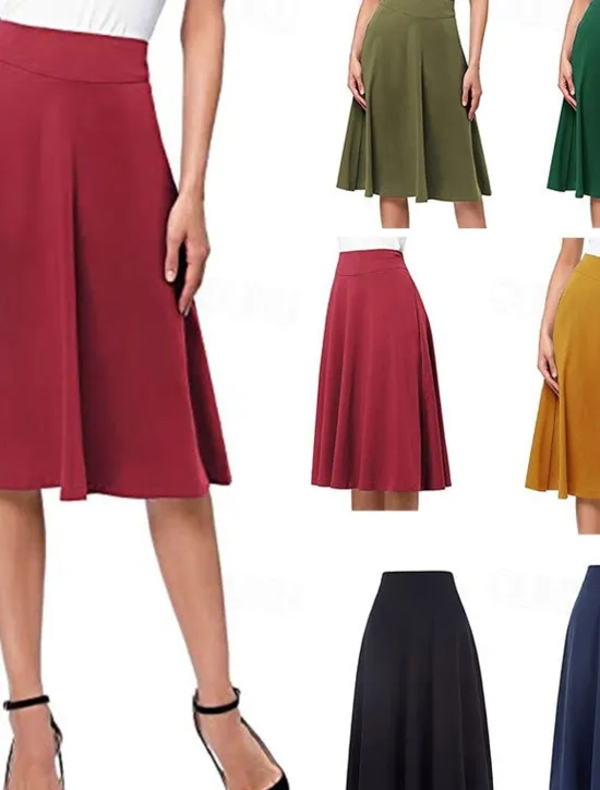 Hot Women's Swing Work Skirts Midi Skirts Knitting Solid Colored Office / Career Casual Daily Fall & Winter Elegant Black Yellow Light Green Wine Women Skirts