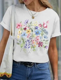 Hot Women's T Shirt Basic Casual Floral Print Short Sleeve Regular Tops Crew Neck Daily Black White Blue Purple Summer Women T-Shirts|Spring Tops