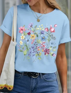 Hot Women's T Shirt Basic Casual Floral Print Short Sleeve Regular Tops Crew Neck Daily Black White Blue Purple Summer Women T-Shirts|Spring Tops