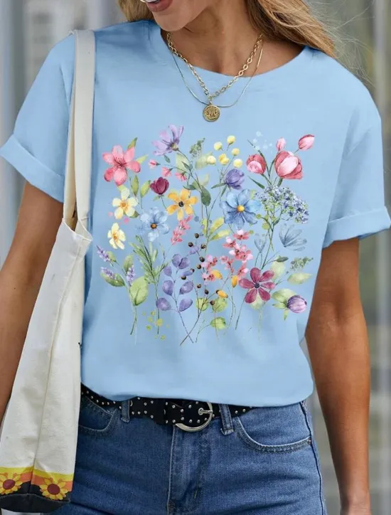 Hot Women's T Shirt Basic Casual Floral Print Short Sleeve Regular Tops Crew Neck Daily Black White Blue Purple Summer Women T-Shirts|Spring Tops