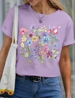 Hot Women's T Shirt Basic Casual Floral Print Short Sleeve Regular Tops Crew Neck Daily Black White Blue Purple Summer Women T-Shirts|Spring Tops