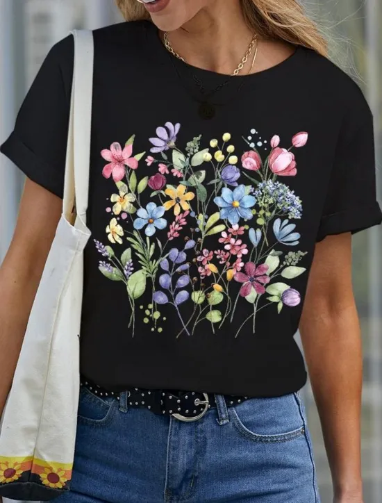 Hot Women's T Shirt Basic Casual Floral Print Short Sleeve Regular Tops Crew Neck Daily Black White Blue Purple Summer Women T-Shirts|Spring Tops