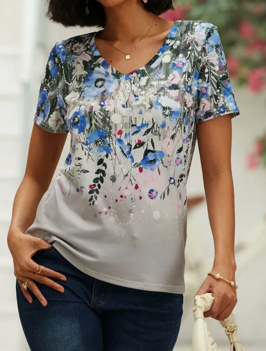 New Women's T Shirt Basic Floral Print Short Sleeve Regular Tops V Neck Holiday Weekend Blue Green Women Spring Tops
