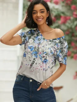 New Women's T Shirt Basic Floral Print Short Sleeve Regular Tops V Neck Holiday Weekend Blue Green Women Spring Tops