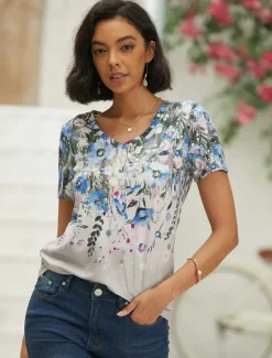 New Women's T Shirt Basic Floral Print Short Sleeve Regular Tops V Neck Holiday Weekend Blue Green Women Spring Tops