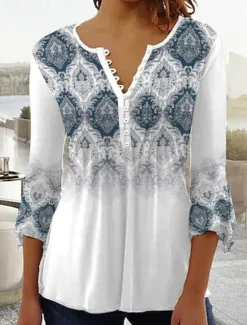 Clearance Women's T Shirt Basic Floral Buttons Print 3/4 Length Sleeve Regular Tops Round Neck Casual Weekend White Yellow Women Tunic Tops|T-Shirts