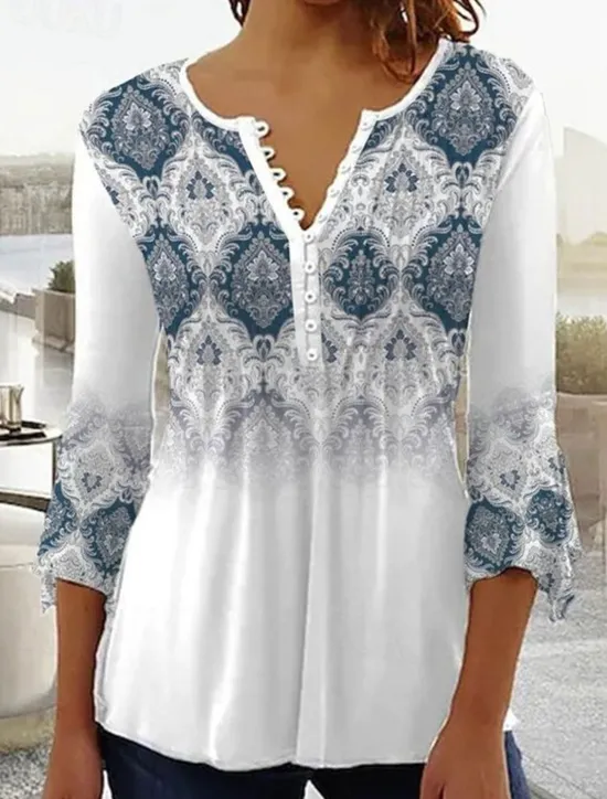 Clearance Women's T Shirt Basic Floral Buttons Print 3/4 Length Sleeve Regular Tops Round Neck Casual Weekend White Yellow Women Tunic Tops|T-Shirts