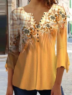 Clearance Women's T Shirt Basic Floral Buttons Print 3/4 Length Sleeve Regular Tops Round Neck Casual Weekend White Yellow Women Tunic Tops|T-Shirts