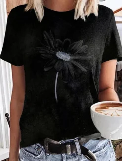 Discount Women's T Shirt Basic Floral Print Short Sleeve Regular Tops Round Neck Casual Holiday Weekend Black Gray Women Spring Tops