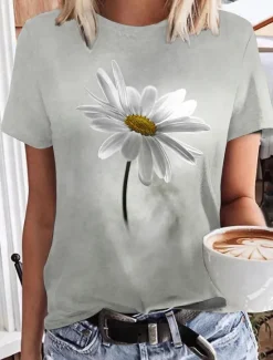 Discount Women's T Shirt Basic Floral Print Short Sleeve Regular Tops Round Neck Casual Holiday Weekend Black Gray Women Spring Tops