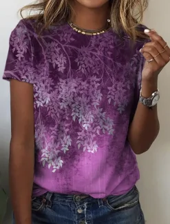 Women's T Shirt Basic Floral Print Short Sleeve Regular Tops Round Neck Holiday Weekend Yellow Pink Blue Green Women Spring Tops
