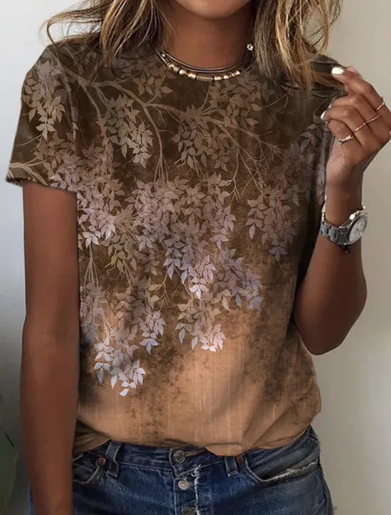 Women's T Shirt Basic Floral Print Short Sleeve Regular Tops Round Neck Holiday Weekend Yellow Pink Blue Green Women Spring Tops