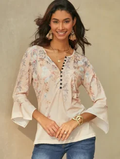 Online Women's T Shirt Basic Floral Buttons Print 3/4 Length Sleeve Regular Tops Round Neck Holiday Yellow Blue Women Tunic Tops