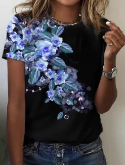 New Women's T Shirt Basic Floral Print Short Sleeve Regular Tops Round Neck Holiday Weekend Yellow Pink Blue Women Spring Tops