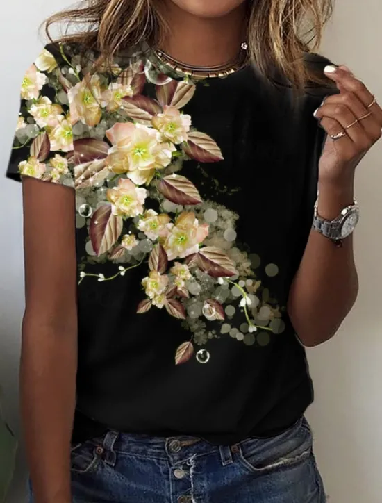 New Women's T Shirt Basic Floral Print Short Sleeve Regular Tops Round Neck Holiday Weekend Yellow Pink Blue Women Spring Tops