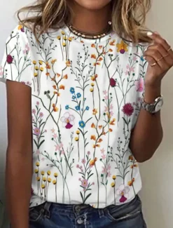 Clearance Women's T Shirt Basic Floral Patchwork Print Short Sleeve Regular Tops Round Neck Casual Daily Holiday Women Spring Tops