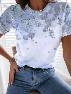 Online Women's T Shirt Basic Floral Print Short Sleeve Regular Tops Round Neck Daily Weekend Women Spring Tops