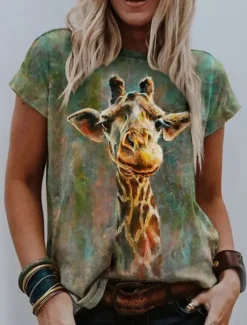 Women's T Shirt Basic Giraffe Print Short Sleeve Regular Tops Round Neck Daily Weekend Women T-Shirts
