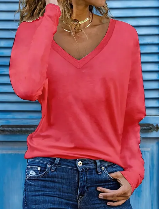 Hot Women's T Shirt Basic Patchwork Flutter Sleeve Long Sleeve Regular Tops V Neck Daily Sports Black White Red Green Cross-Seasons Women Women's Tops