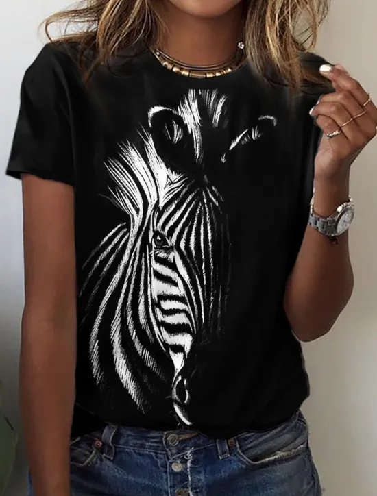 Women's T Shirt Basic Print Short Sleeve Regular Tops Round Neck Casual Weekend Women T-Shirts