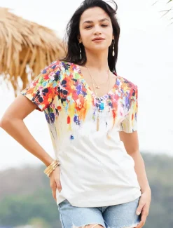 Women's T Shirt Basic Print Short Sleeve Regular Tops V Neck Daily Weekend Yellow Light Green Red Green Women Spring Tops