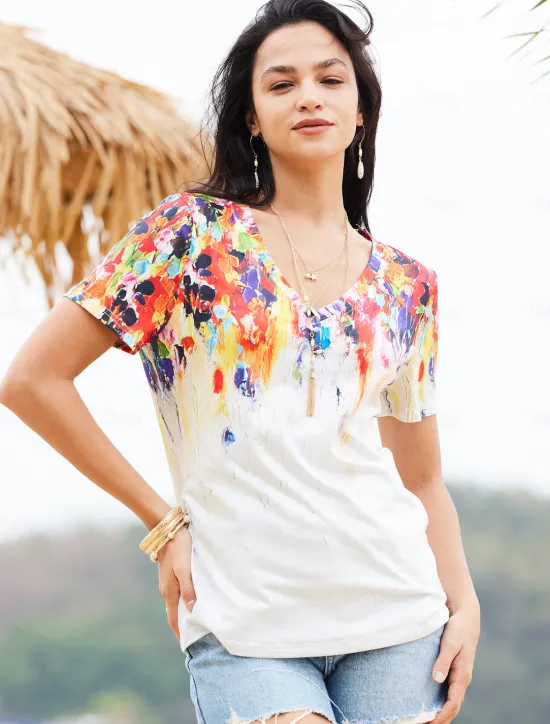 Women's T Shirt Basic Print Short Sleeve Regular Tops V Neck Daily Weekend Yellow Light Green Red Green Women Spring Tops