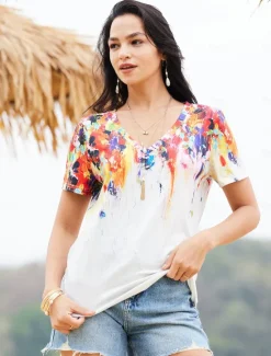 Women's T Shirt Basic Print Short Sleeve Regular Tops V Neck Daily Weekend Yellow Light Green Red Green Women Spring Tops