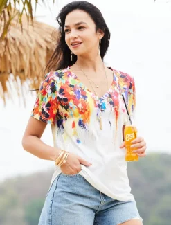 Women's T Shirt Basic Print Short Sleeve Regular Tops V Neck Daily Weekend Yellow Light Green Red Green Women Spring Tops