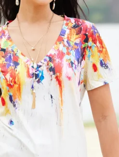Women's T Shirt Basic Print Short Sleeve Regular Tops V Neck Daily Weekend Yellow Light Green Red Green Women Spring Tops
