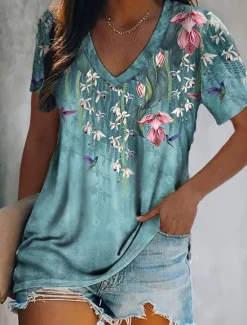Women's T Shirt Basic Print Short Sleeve Regular Tops V Neck Daily Weekend Yellow Light Green Red Green Women Spring Tops