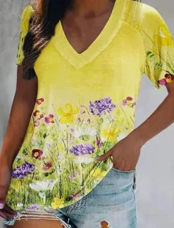 Women's T Shirt Basic Print Short Sleeve Regular Tops V Neck Daily Weekend Yellow Light Green Red Green Women Spring Tops