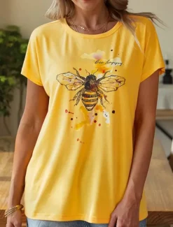 Women's T Shirt Bees Stylish Casual Short Sleeve Crew Neck Regular Tops Daily Print Yellow Pink Blue Green Summer Women T-Shirts