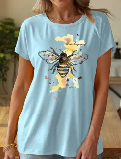 Women's T Shirt Bees Stylish Casual Short Sleeve Crew Neck Regular Tops Daily Print Yellow Pink Blue Green Summer Women T-Shirts